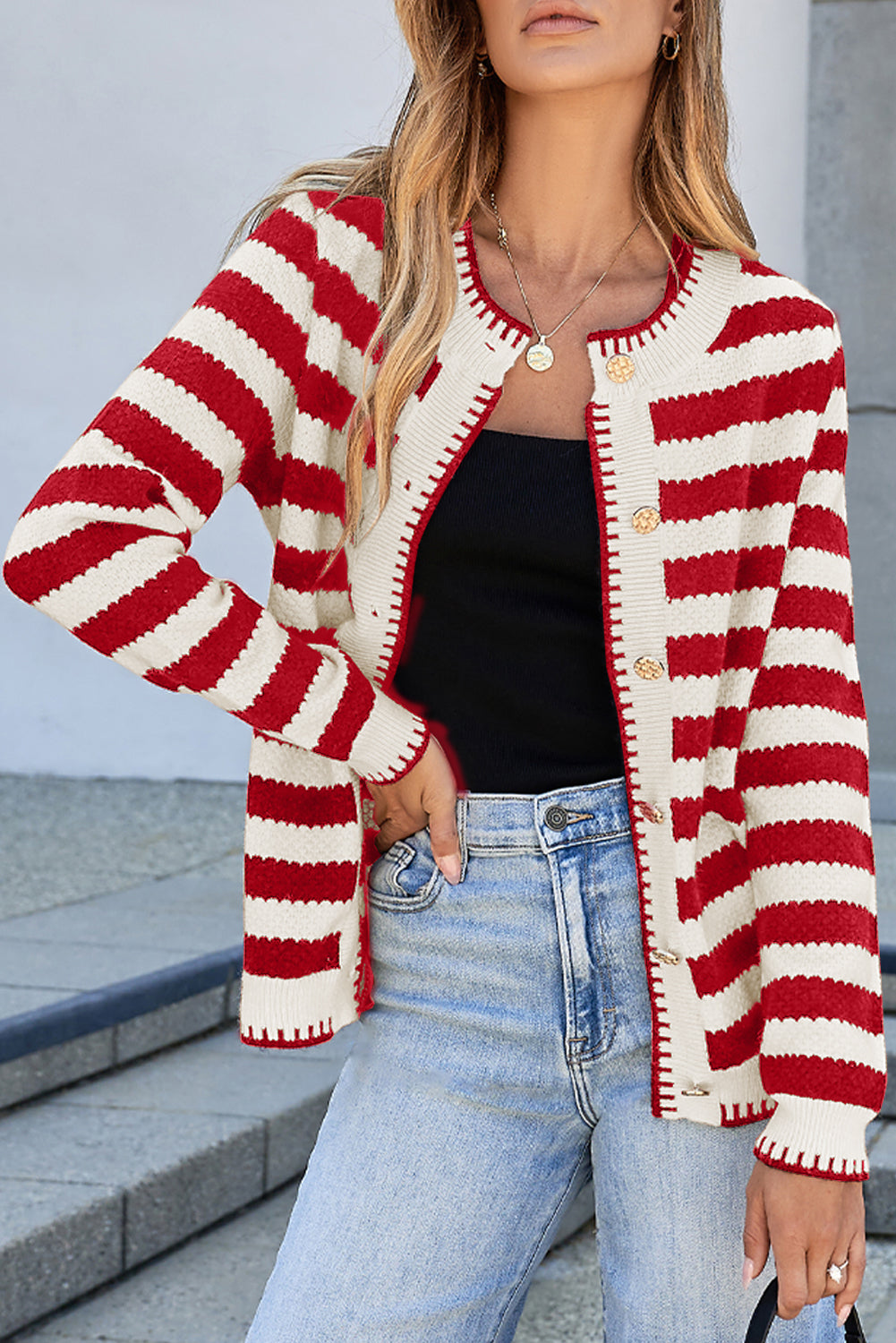 Stripe Button Polished Golden Cardigan Knit Top in Red