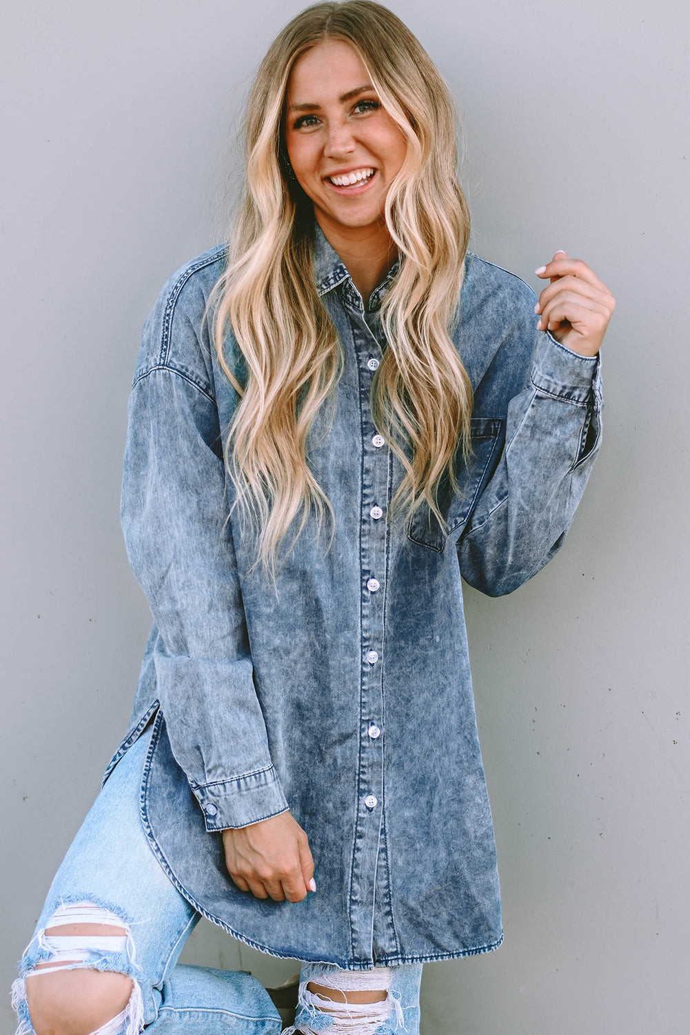 Women's Shirt Featuring Chest Denim Vintage Washed