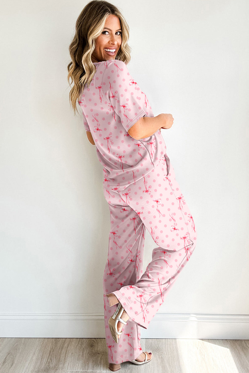 Bow Knot Polka-Dot Print Short-Sleeved Top Lounge Set