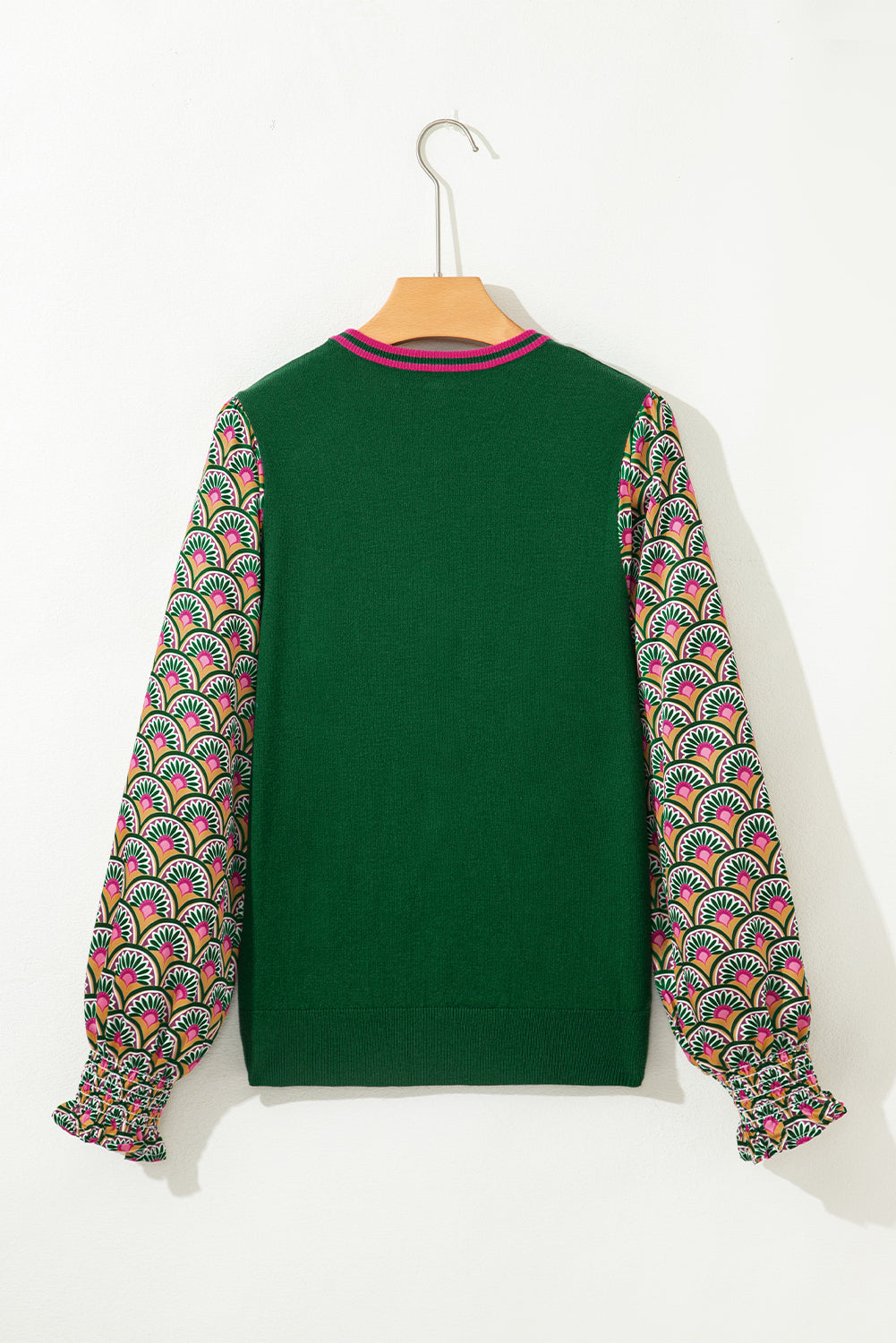 Floral Cuff Patchwork Shirred Puff Sleeve Knit Top