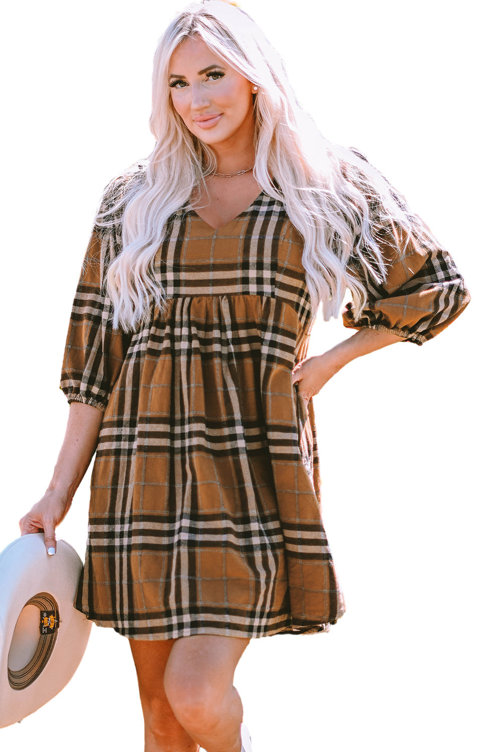 Women's Dress with Babydoll Plaid Pattern Empire-Waist