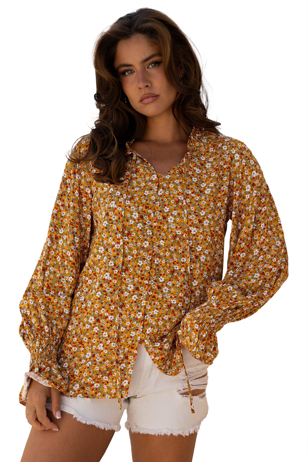 Ruffled Boho Floral Bubble Sleeve V-Neck Fall Blouse