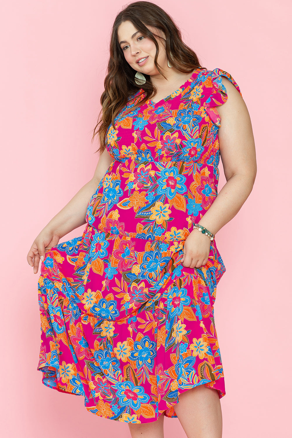 Women's Dress with Ruffle-Trimmed Sleeveless Plus Size Floral-Print