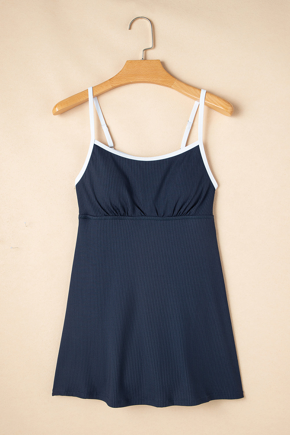 Colorblock Pocket-Detail Edge Rib-Knit Lined Swim Dress in Navy Blue