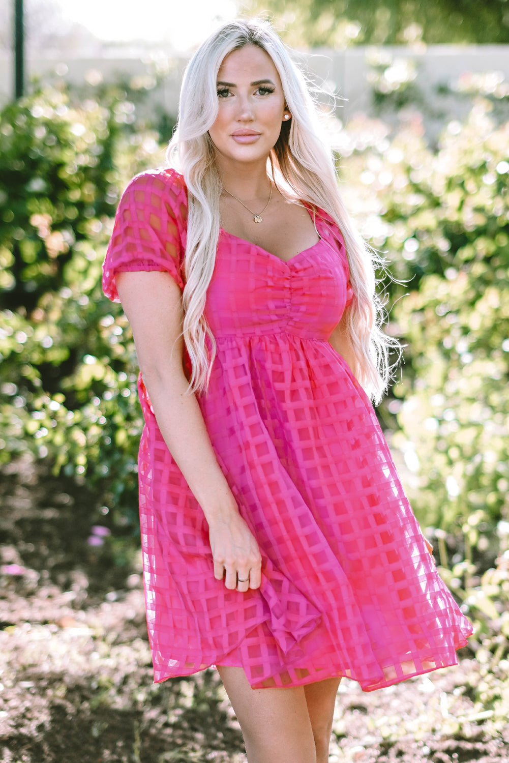 Women's Dress with Checked Balloon Sleeve Babydoll
