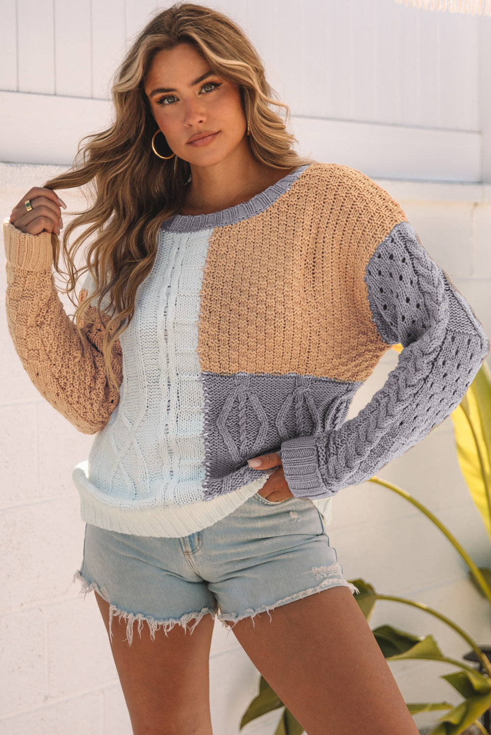 Women's Sweater with Mixed Textured Color-Block