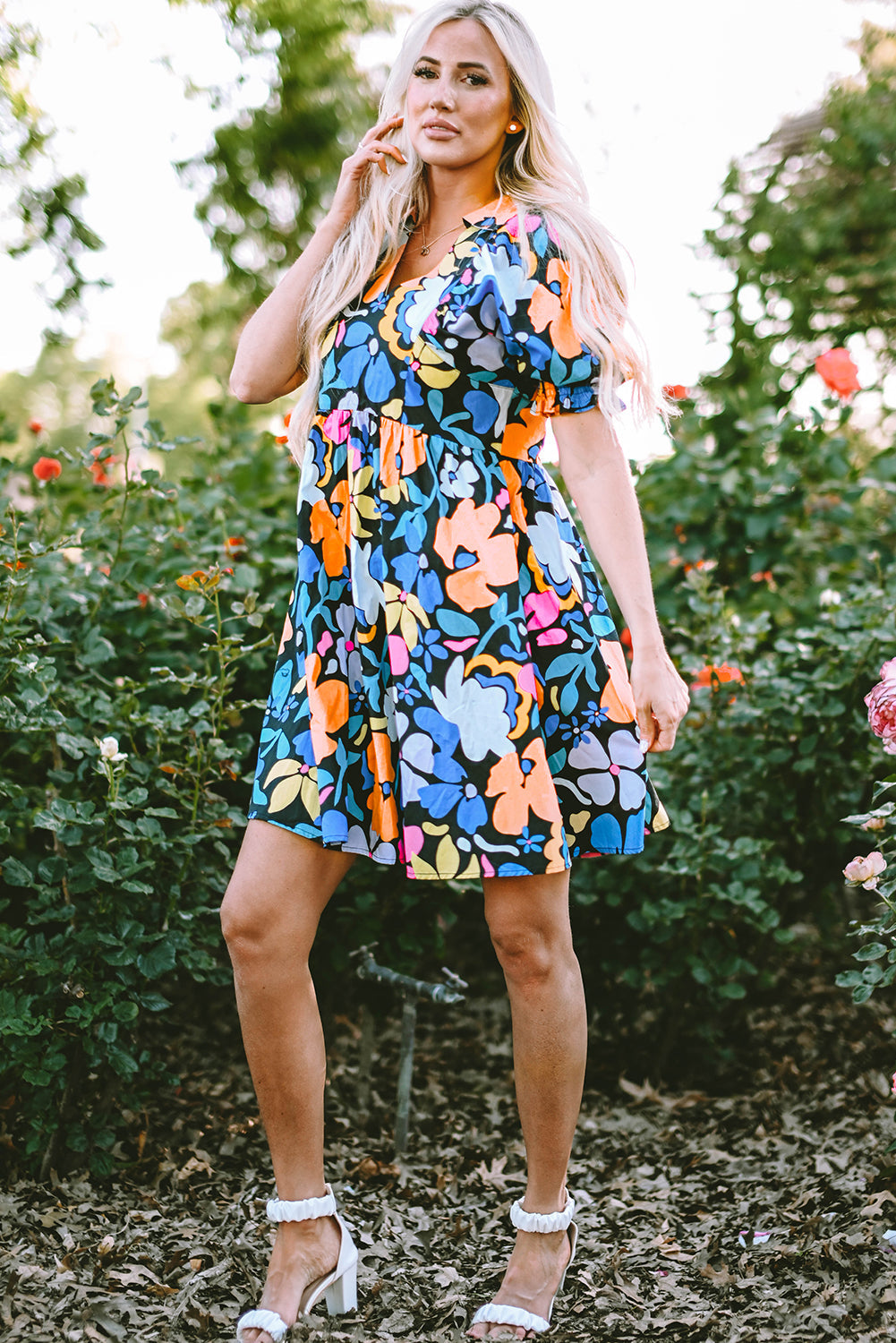 Women's Dresses with Flared Collared Split Neck Floral-Print