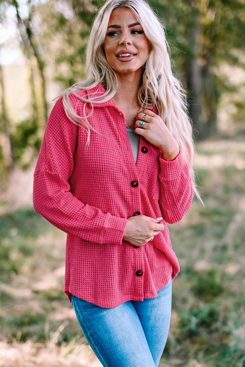 Women's Shirt Featuring Waffle Knitted Button Up Everyday