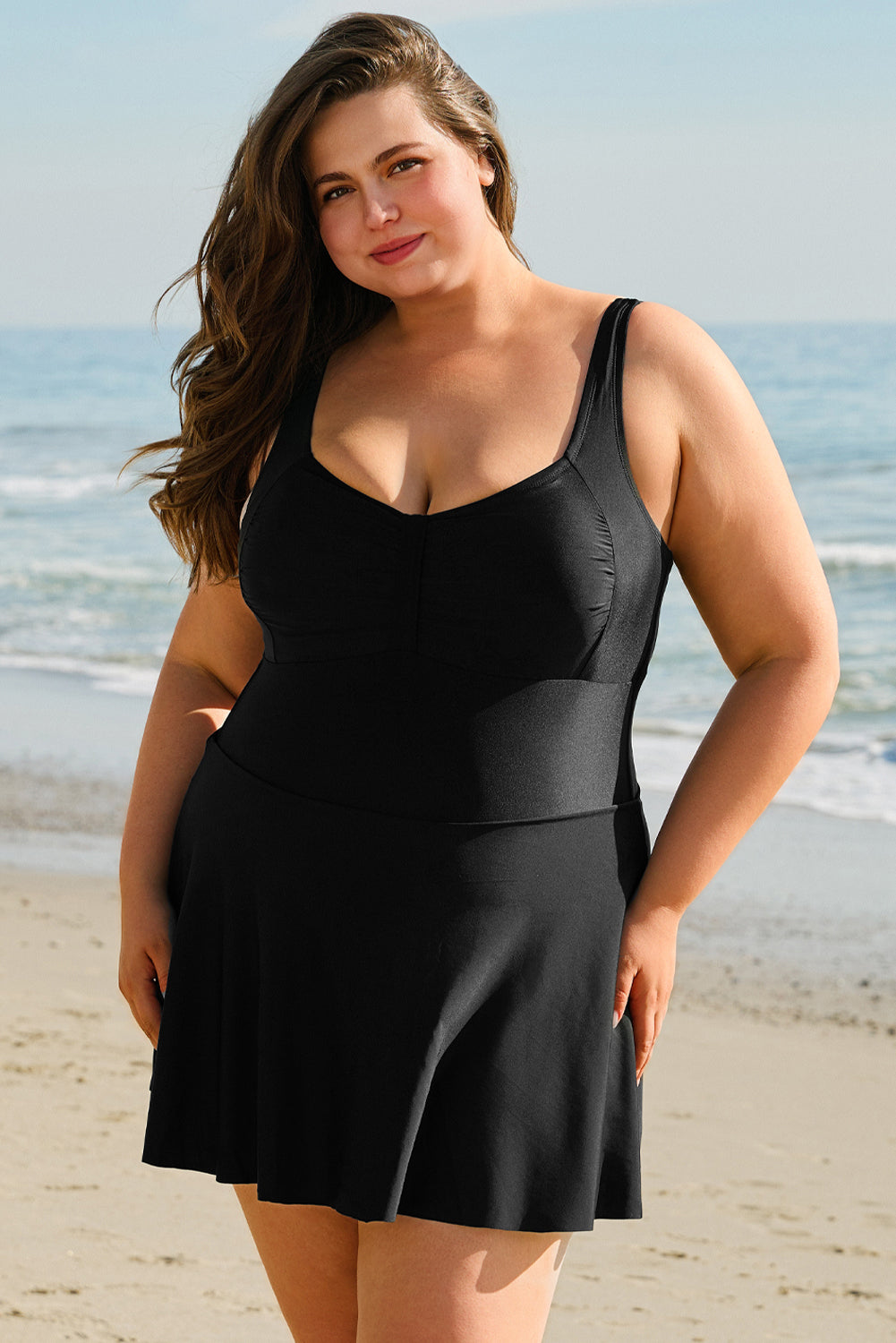 Plus Size Black Pleated Ruffled One Piece Swim Dress