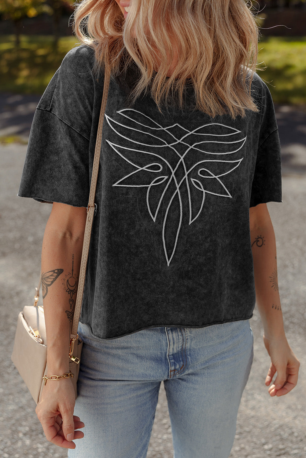 Floral Embroidered Mineral Wash Crew Neck T Shirt