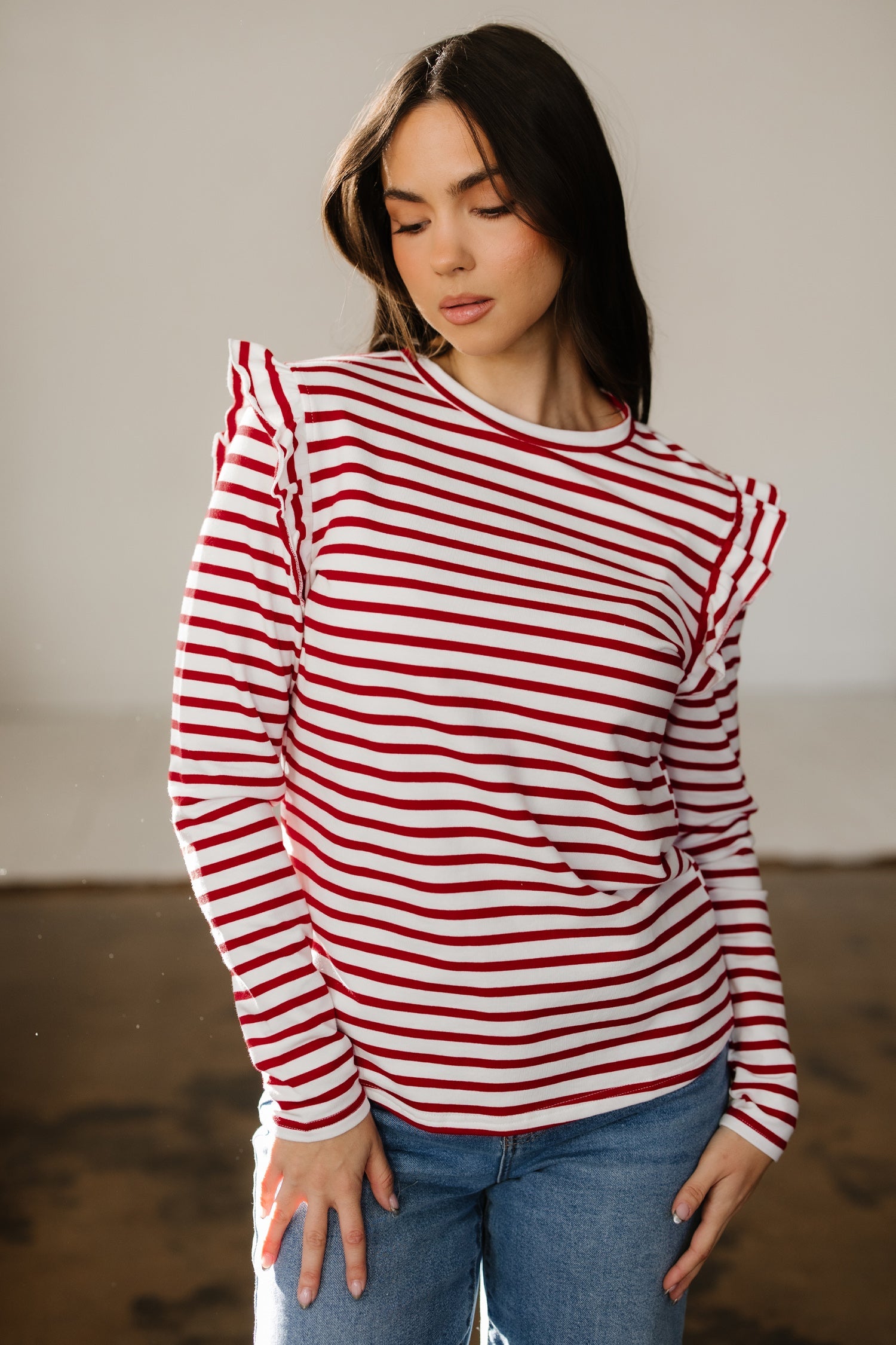 Ruffle Stripe Round-Neck Trim Long-Sleeved Top in Red