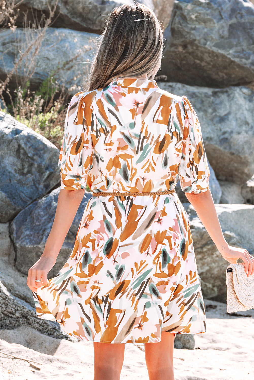 Abstract Printed Button Up Braided Belt Mini Dress