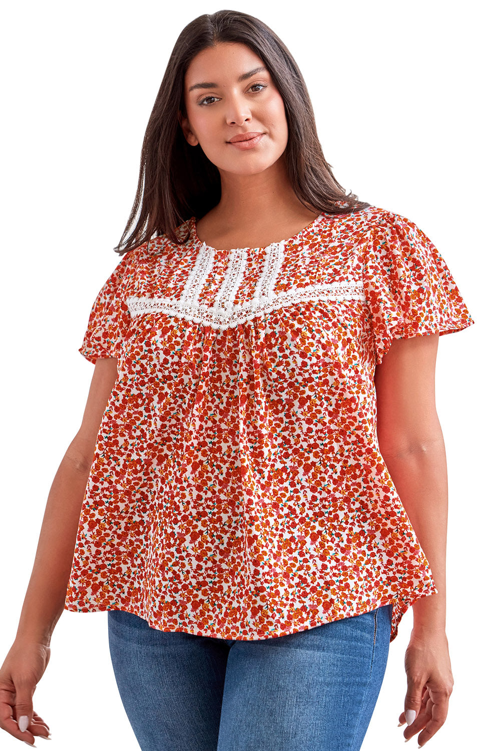 Women's Blouse Featuring Lace-Trimmed Trim Plus Ruffle-Trimmed Sleeve