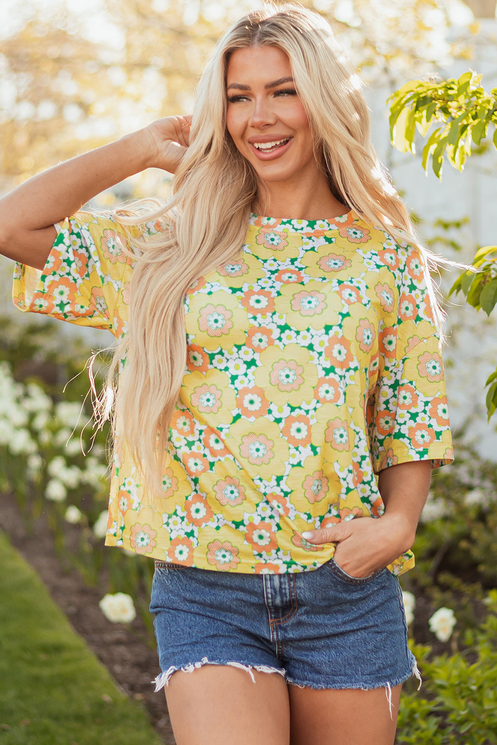 Summer Flower Printed Drop Shoulder Loose T Shirt