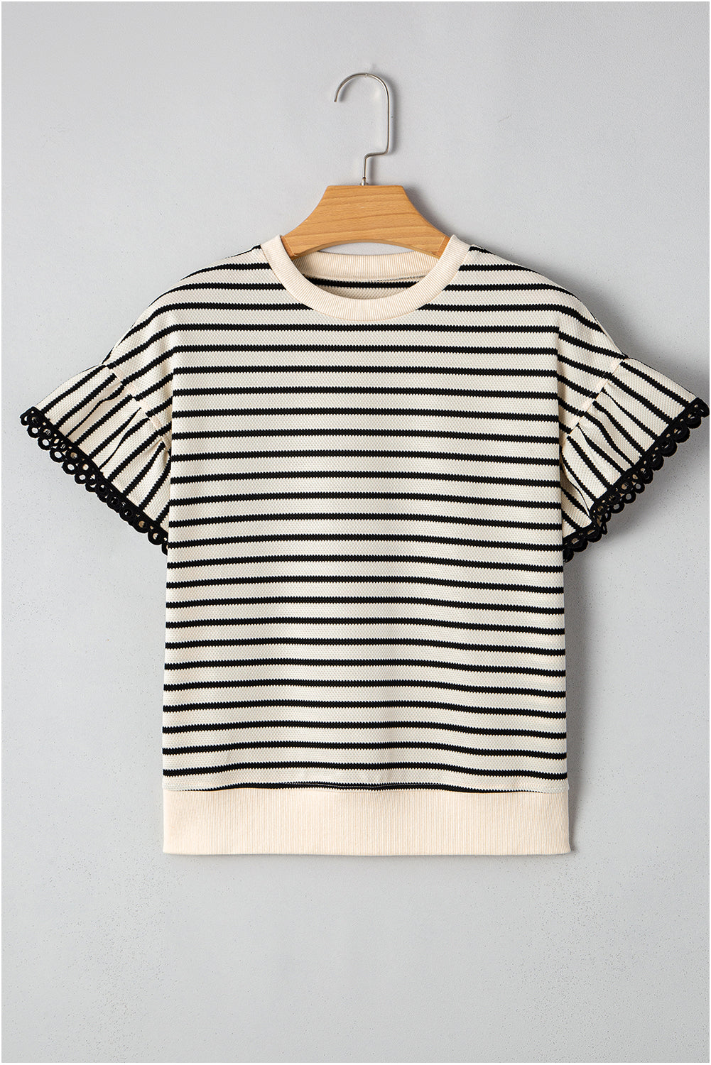 Scallop Lace Trim Ruffle Short Sleeves Crewneck Top