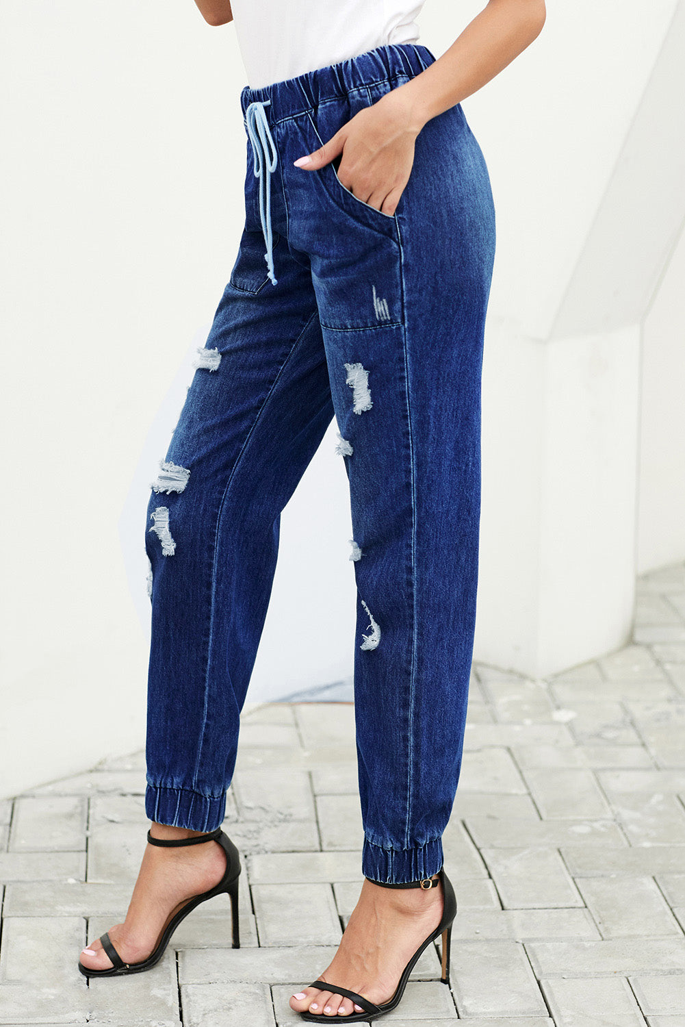 Women's Joggers Featuring Ripped Jean Blue Distress Drawcord Pocket-Detail