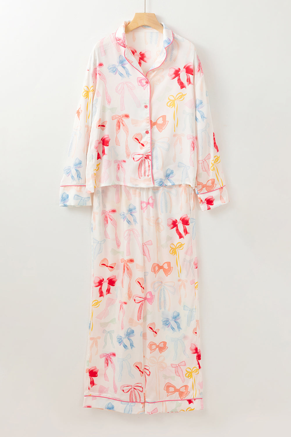 Bow Knot Print Lapel Collar Wide-Leg Satin Pajama Set