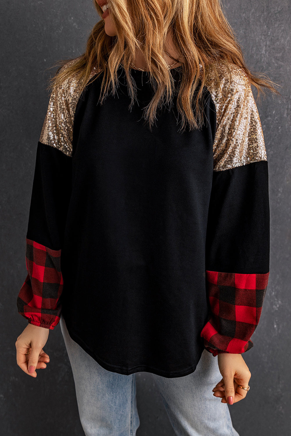 Women's Blouse with Crew Neck Plaid Splicing