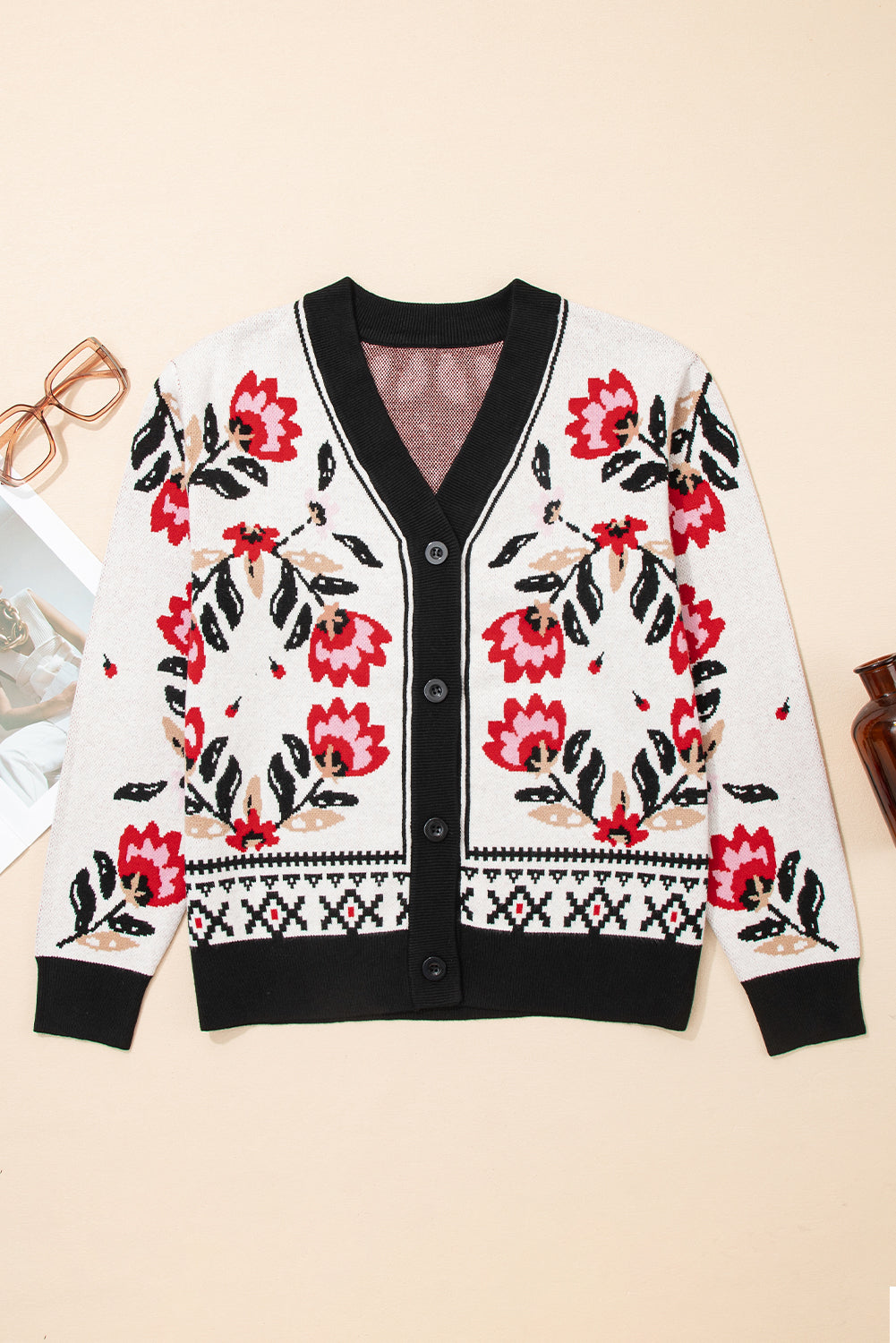 Floral-Print Button-Front V-Neck Knit Cardigan