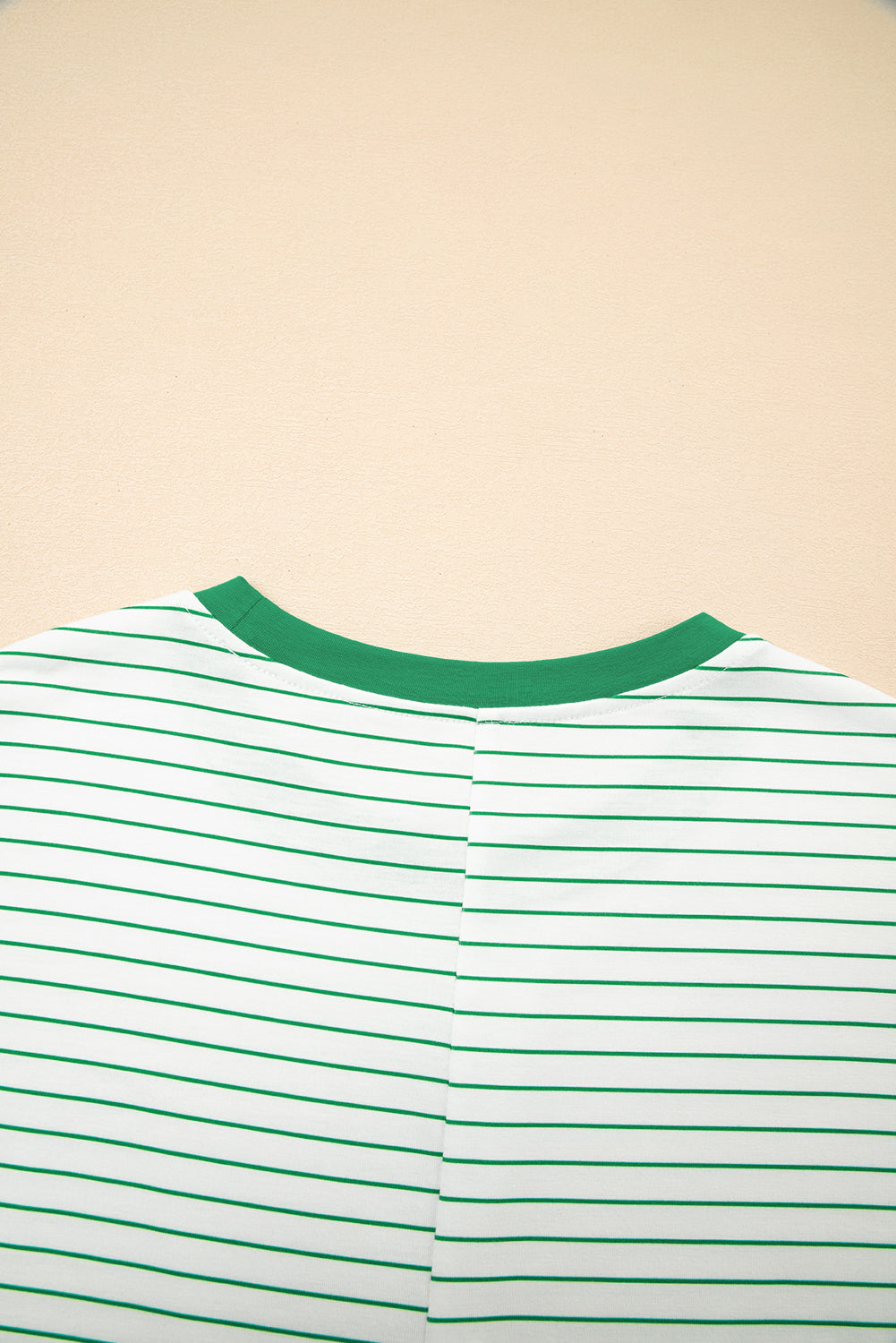 Green Stripe Ruffled Short Sleeve Crew Neck T Shirt Shift Mini Dress