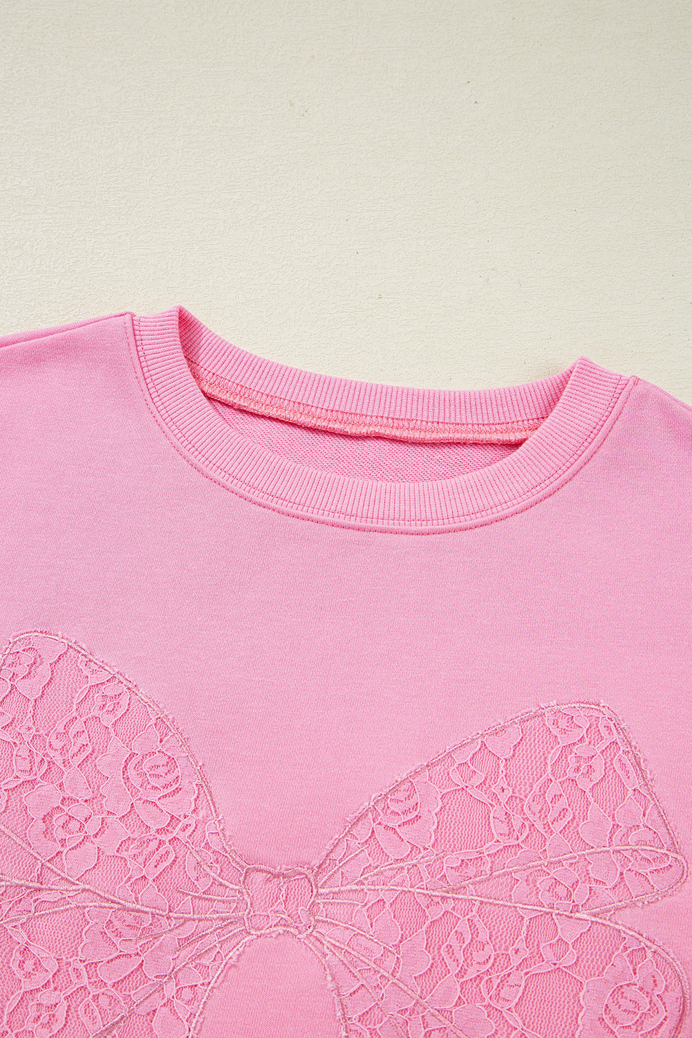 Lace Insert Bow Embroidered Exposed Seam Sweatshirt