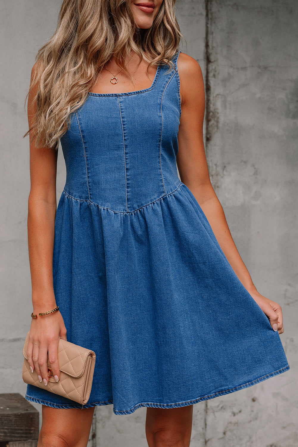 Neck Bowknot Square Bowknot A-line Sleeveless Denim Dress