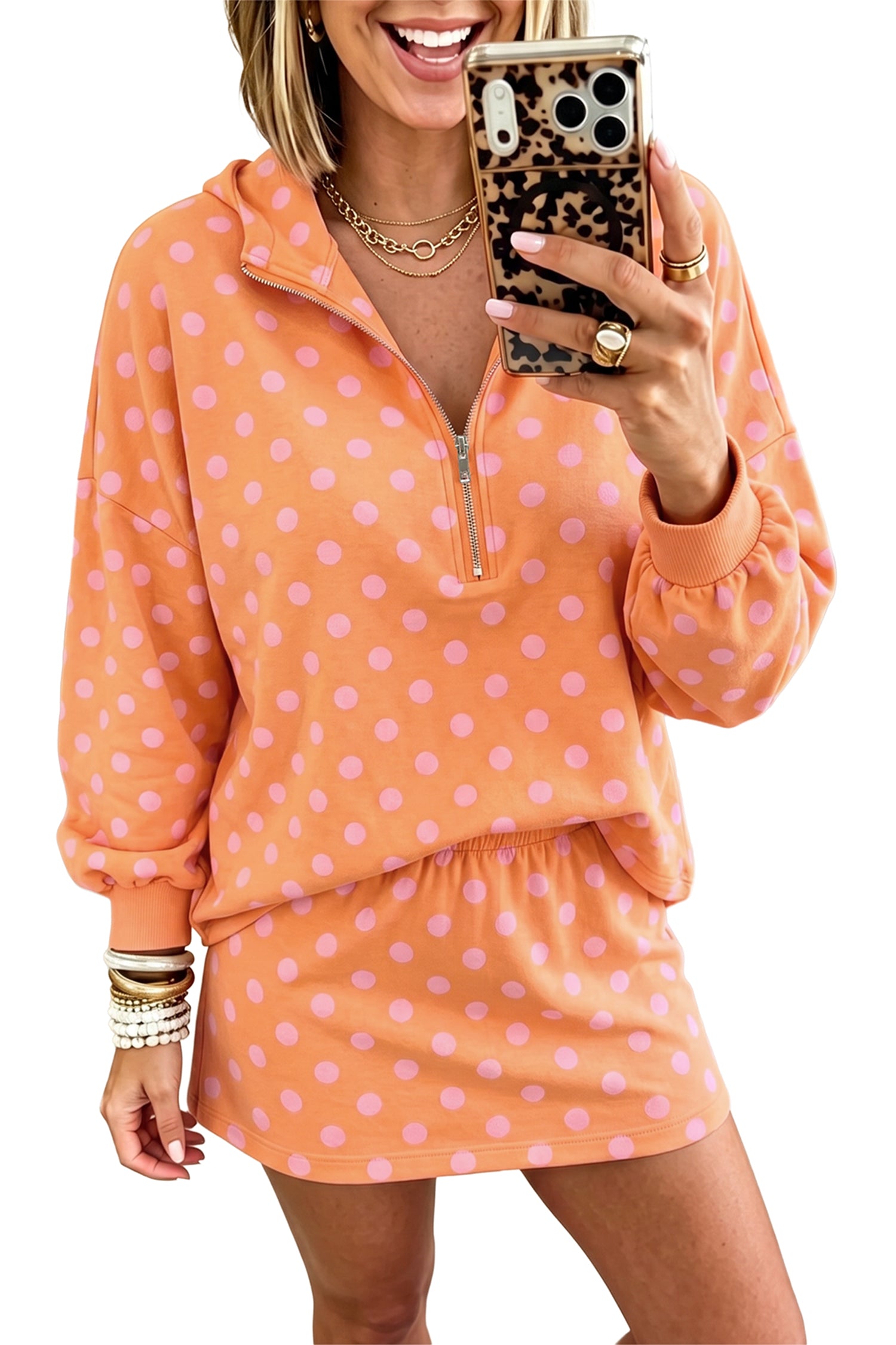 Polka-Dot Hooded Long-Sleeved Top Everyday Mini Skort Set in Orange