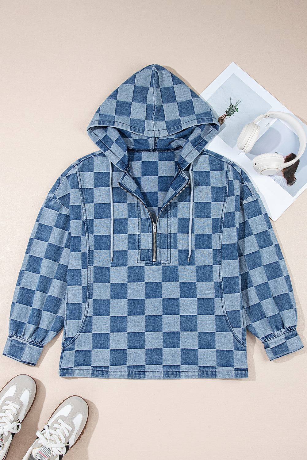 Neck Checkerboard Zip Kangaroo Pocket Denim Hoodie