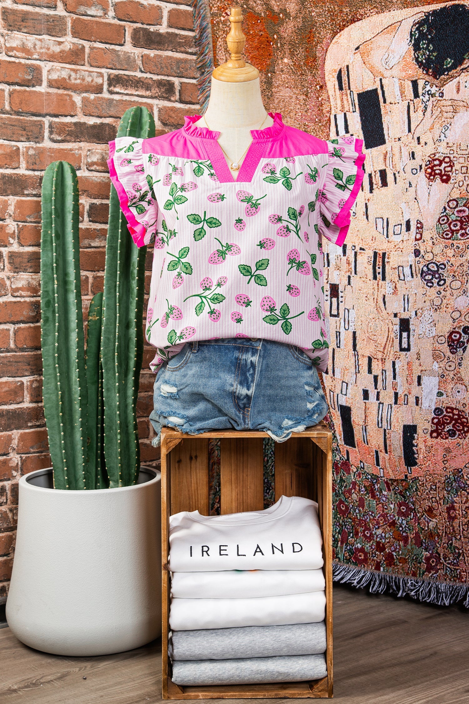 Printed Striped Strawberry Colorblock Patchwork V-Neck Flutter Sleeve Blouse