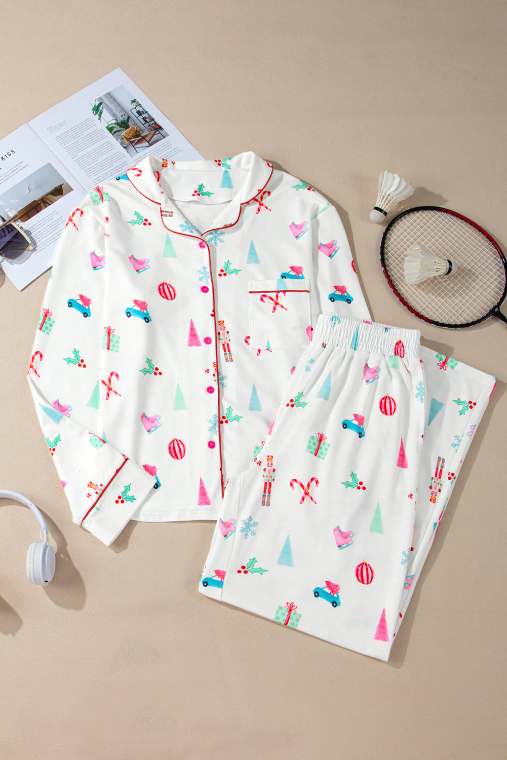 Lapel Christmas Print Shirt and Pants Sleepwear