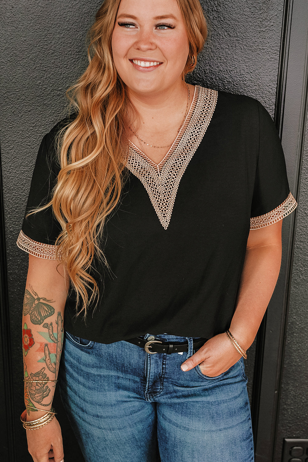 Women's Plus Size Lace-Trimmed Trim V Neck Top