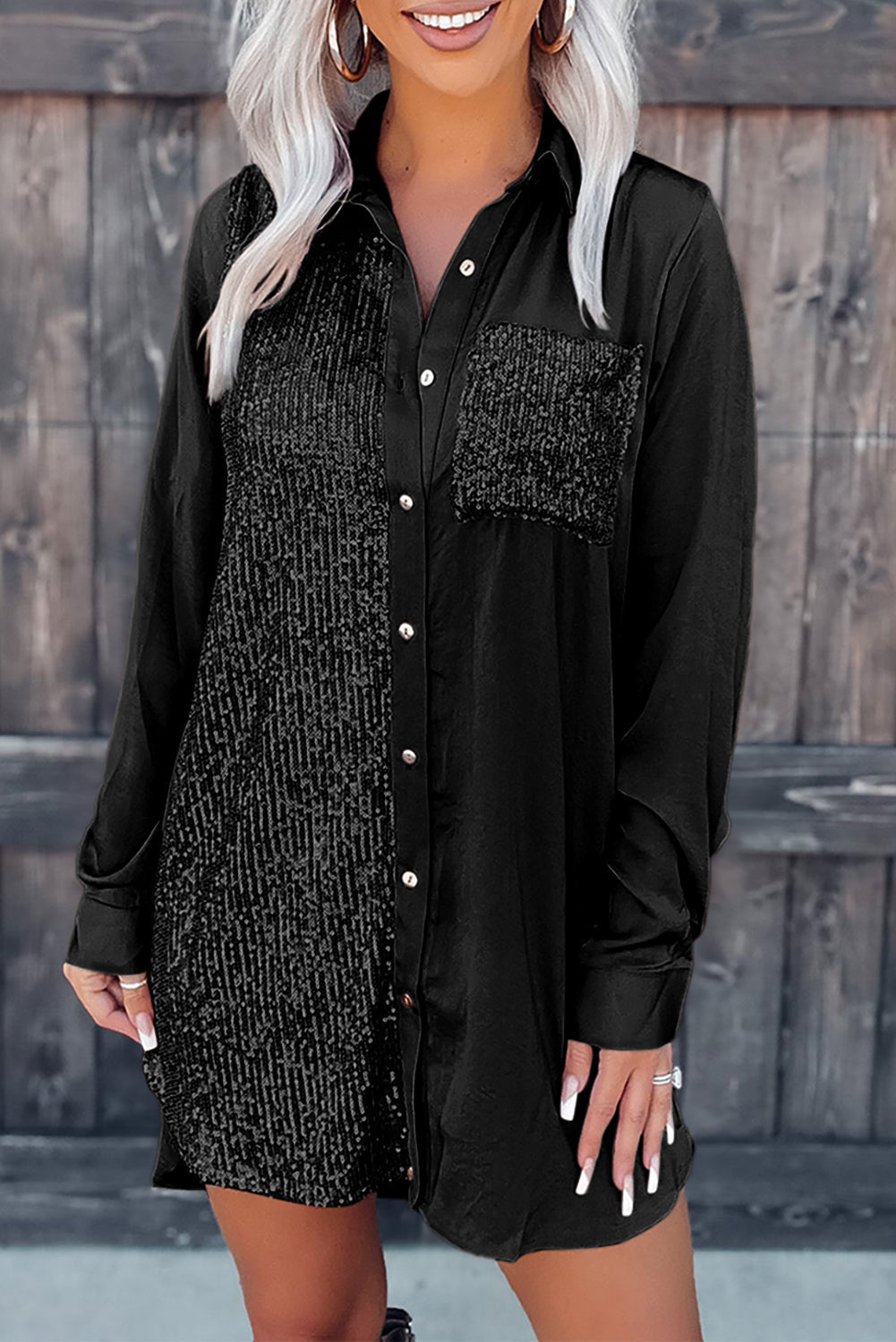 Women's Button-Front Splicing Pocket Shirt Dress