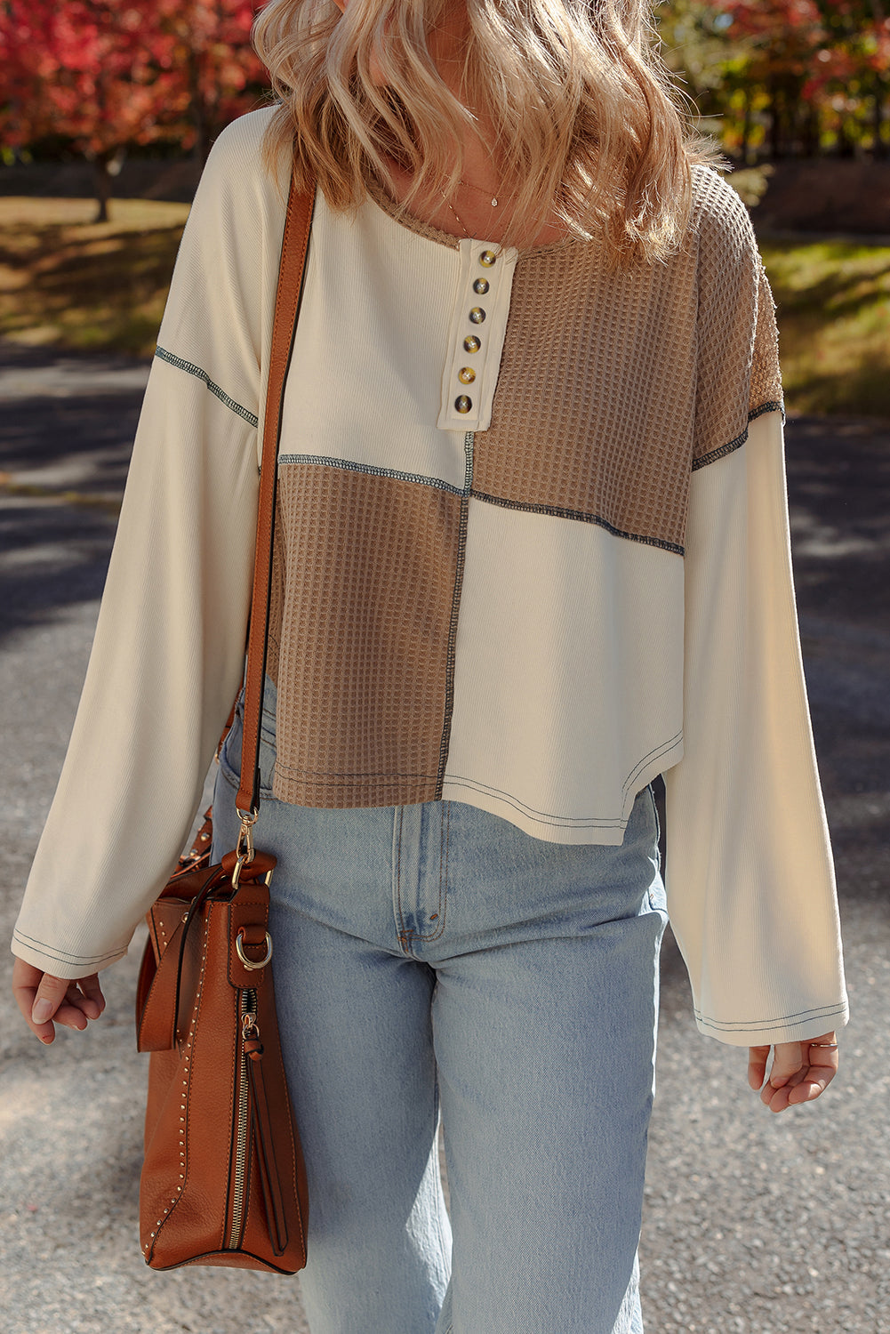 Waffle Knit Colorblock Knit Stitch Detail Long-Sleeved Top in Beige