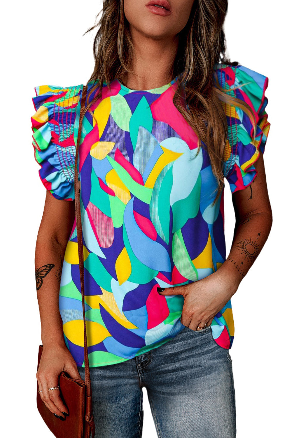 Women's Blouse with Print Stitching Ruffle-Trimmed Sleeve