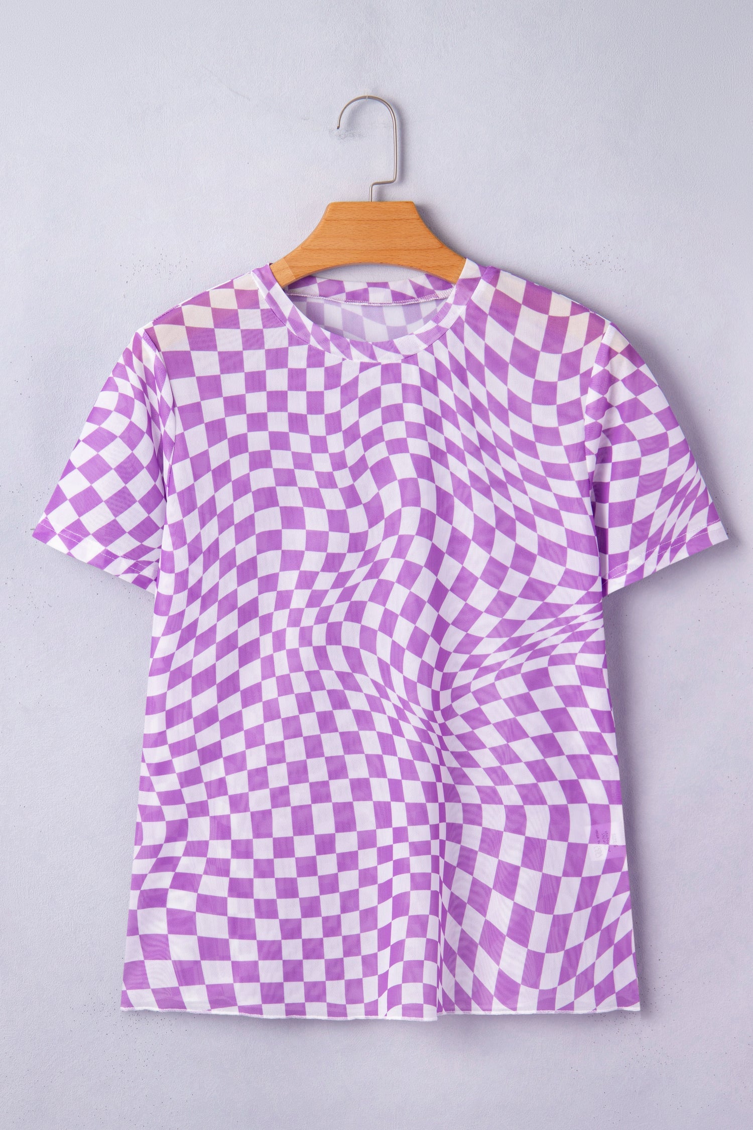 Print Crew-Neck Checkered Crew-Neck Mesh T Shirt