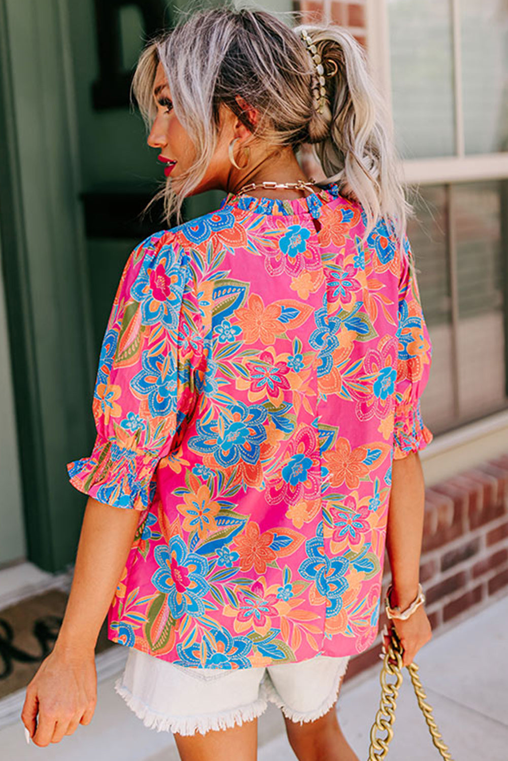 Women's Blouse Featuring Floral-Print Frill-Trimmed Plus Size