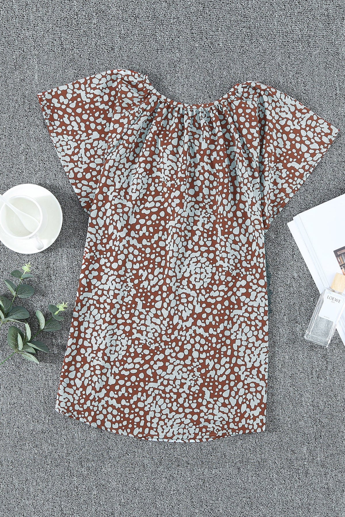 Blouse for Women Summer Brown V-neck Short-Sleeve Fashion Print Fantasy Fluttering