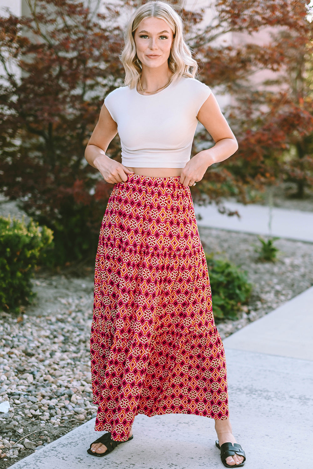 Skirt for Women Print Layered Maxi Vintage Bohemian Floral-Print