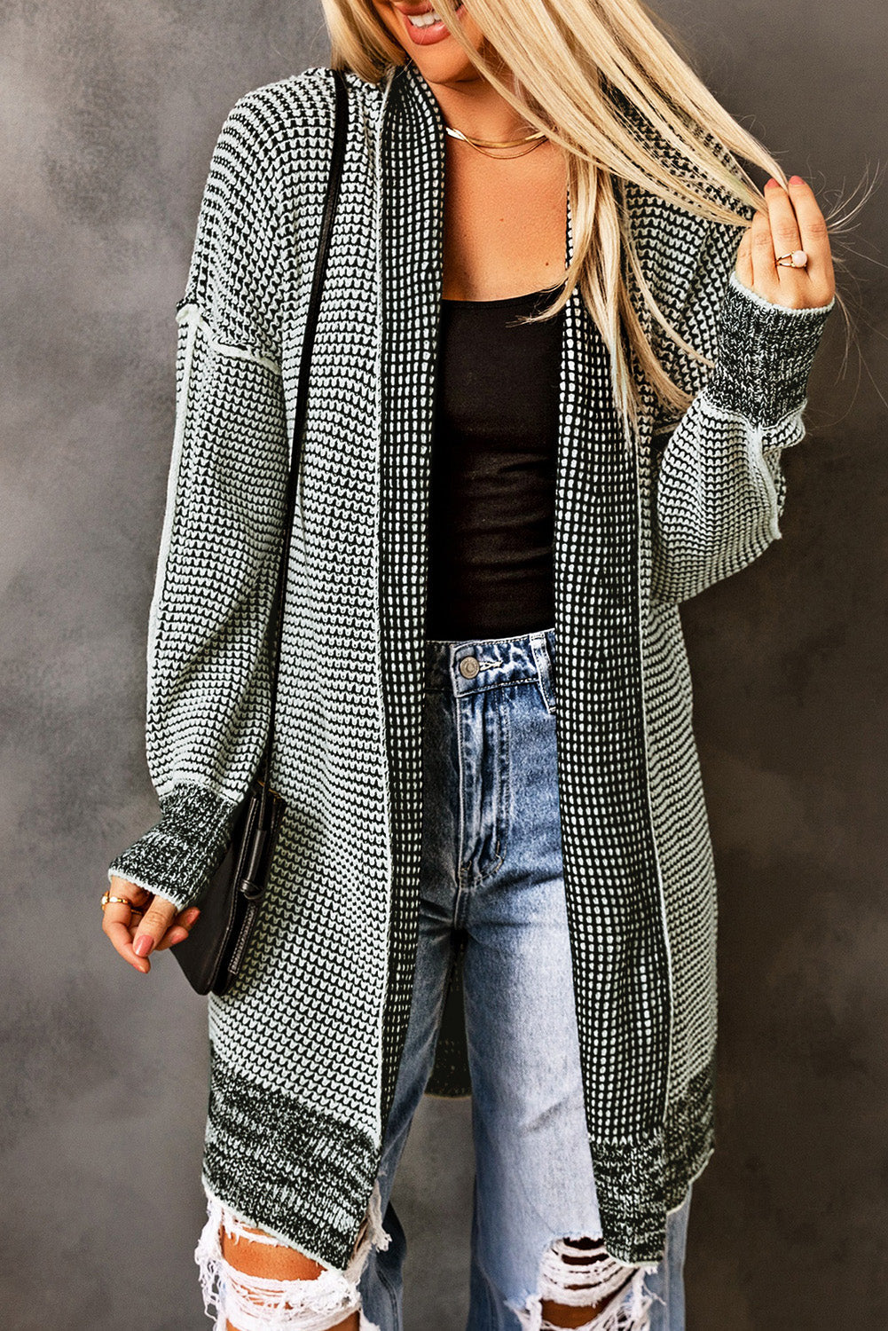 Women's Cardigan with Plaid Knitted Long Open Front Gray