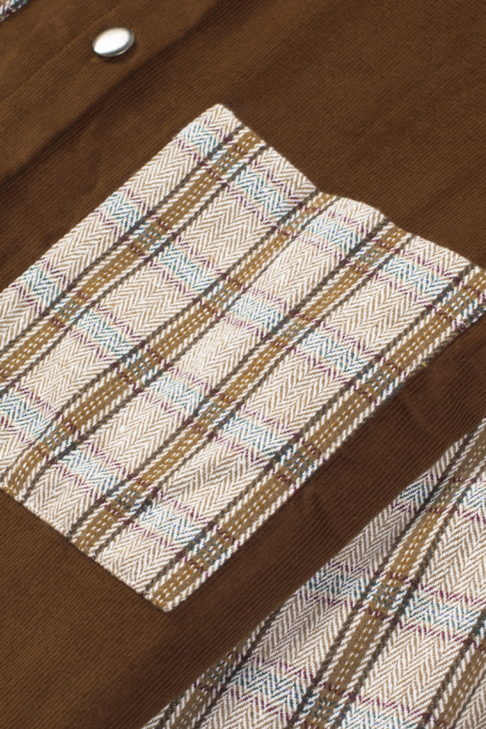 Women's Shirt Jacket Featuring Cord Plaid Patchwork