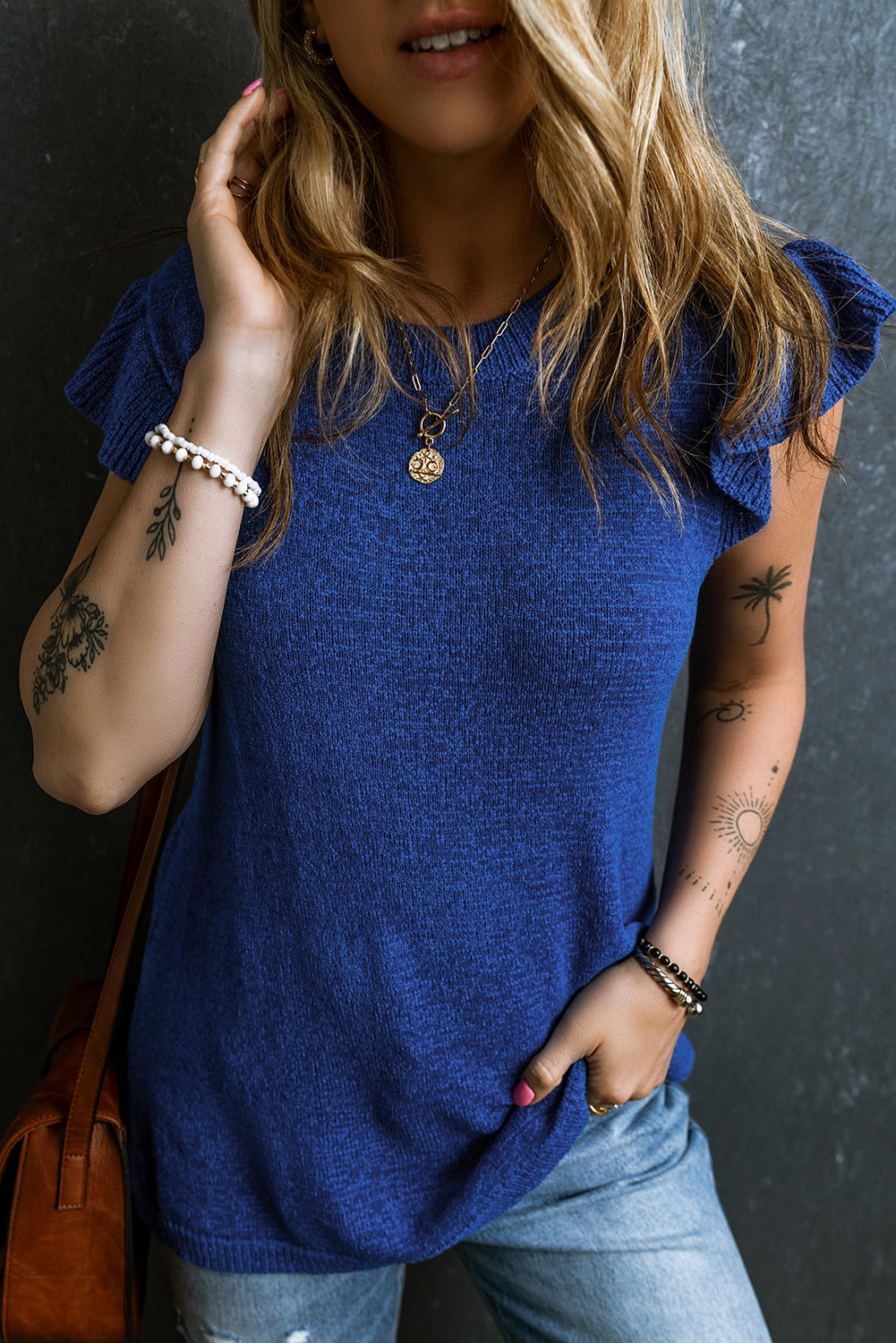 Women's Top Featuring Knitted Sweater Ruffle-Trimmed Sleeve