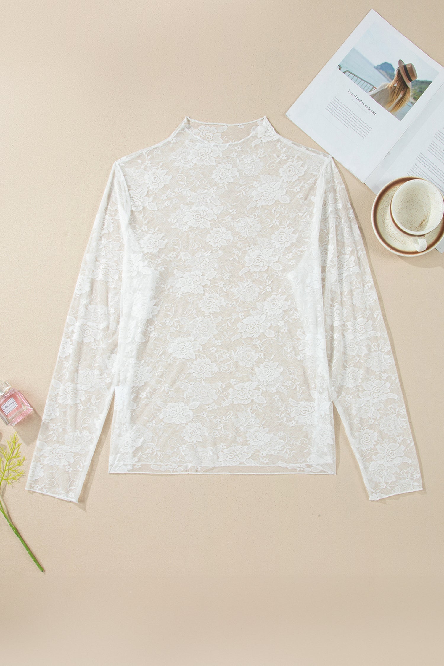 Plus Size Floral Mesh Long-Sleeved Top in White