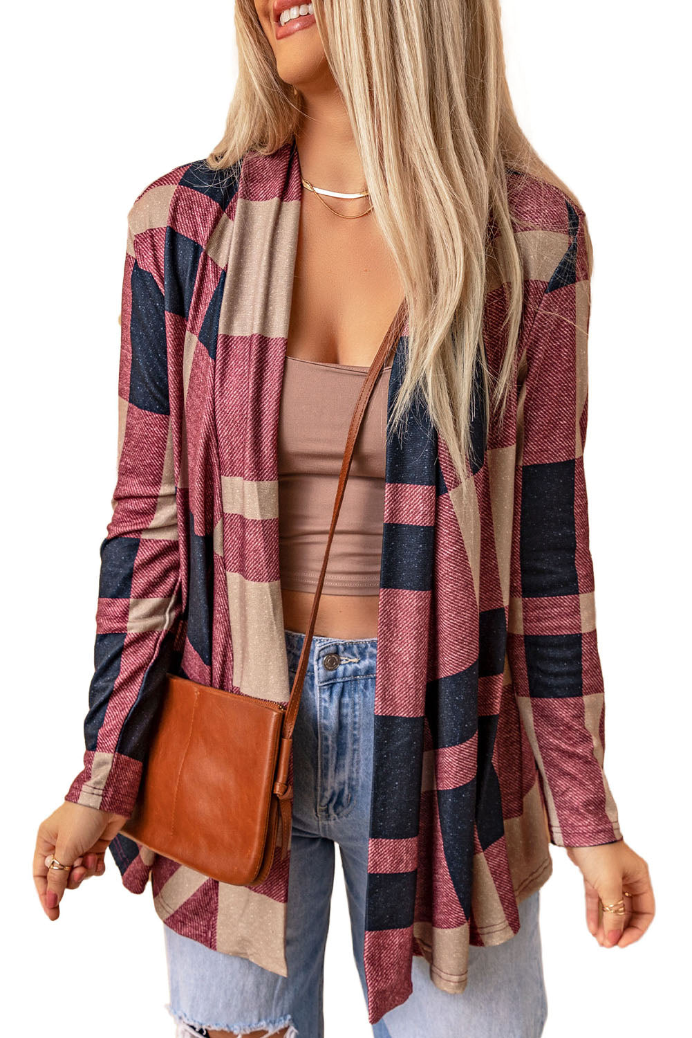 Women's Cardigan with Draped Open Front Plaid