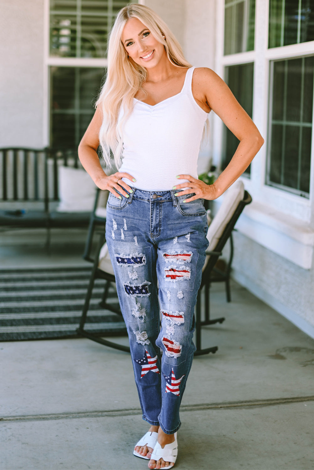 Women's American Flag Patched Distressed Jeans