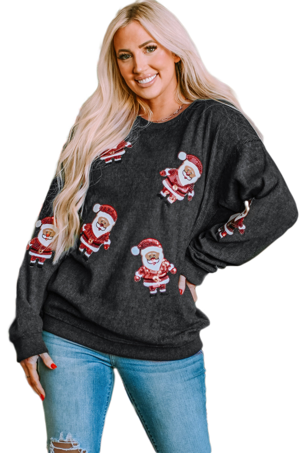 Women's Graphic Sweatshirt with Sequined Santa Claus