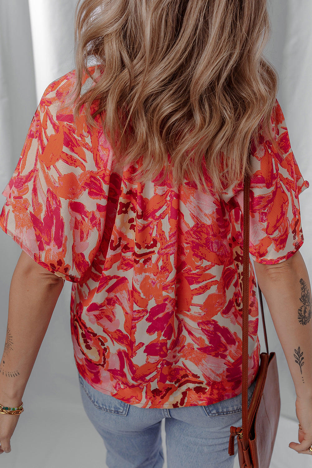Striped Abstract Print Trim Split Neck Blouse
