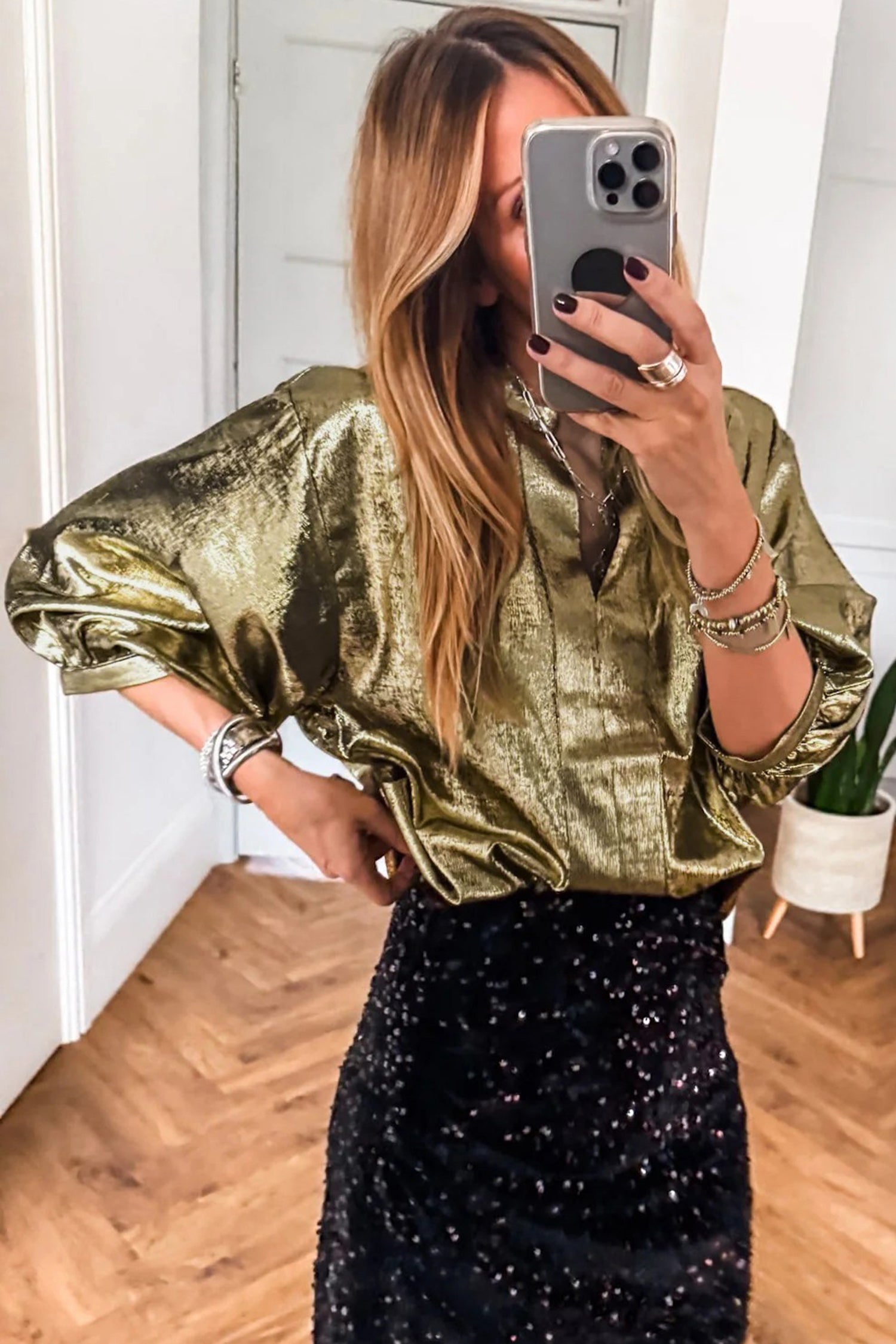Metallic Half Split Neck Sleeve Blouse