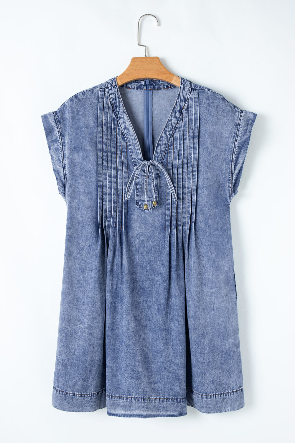 Tie V Neck Tucking Detail Denim Shift Dress