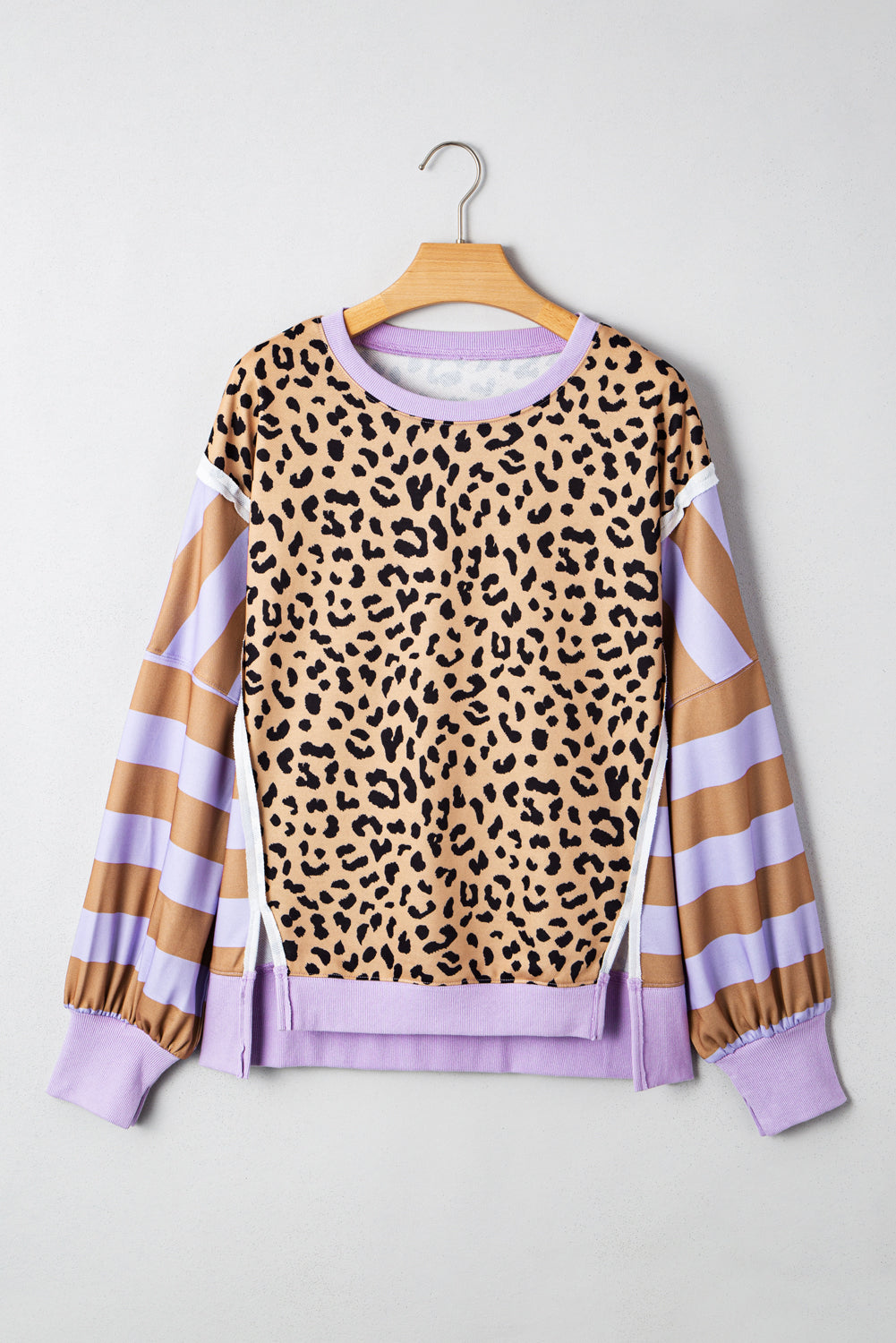 Leopard Colorblock Patchwork Everyday Sweatshirt with Slits