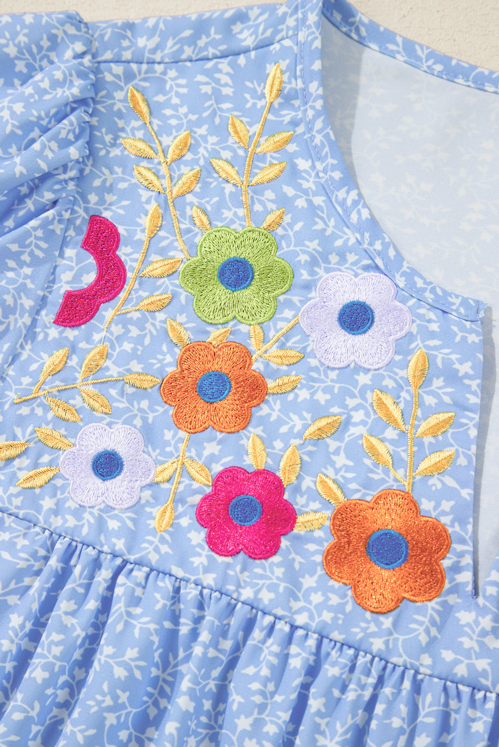 Sky Blue Floral Embroidered Notched V Neck Blouse